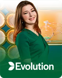 Female live dealer in a green dress representing Evolution Gaming, a leading live casino provider.