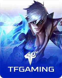 Futuristic game character with white hair and glowing blue energy, representing TF Gaming eSports platform.