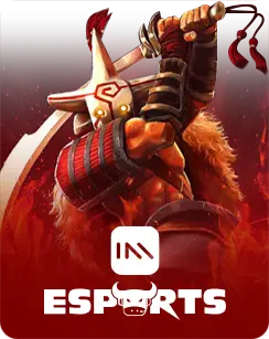 Juggernaut from DOTA 2 with a sword, featured in IM Esports branding for competitive online gaming.
