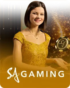 Female live dealer in a golden dress representing SA Gaming, a premium live casino platform.