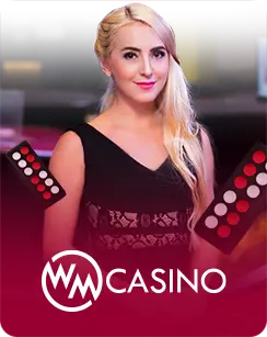 Female live dealer in a black dress representing WM Casino, with gaming chips displayed around her.