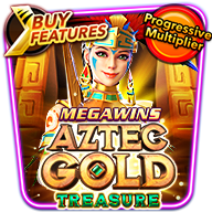 Aztec Gold Treasure slot game icon with a female Aztec warrior, progressive multiplier, and buy feature options.