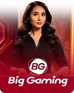 Female live dealer in a black outfit representing Big Gaming (BG) live casino, with a red-themed background.