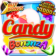 Candy Bonanza slot game icon with colorful candies, buy bonus feature, and a cascade multiplier of up to 10,000x.