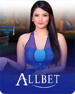 Female live dealer in a blue outfit representing Allbet Casino, with a casino gaming background.