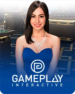 Female live dealer in a blue dress representing Gameplay Interactive, with a casino table background.
