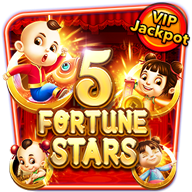 5 Fortune Stars slot game icon featuring cheerful cartoon characters, a VIP jackpot label, and golden accents.