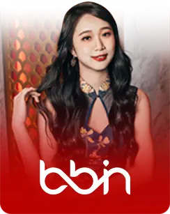 Female live dealer with long black hair representing BBIN live casino, set against a red gradient background.