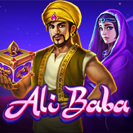 Ali Baba slot game icon featuring Ali Baba holding a treasure box with a mysterious woman in the background.