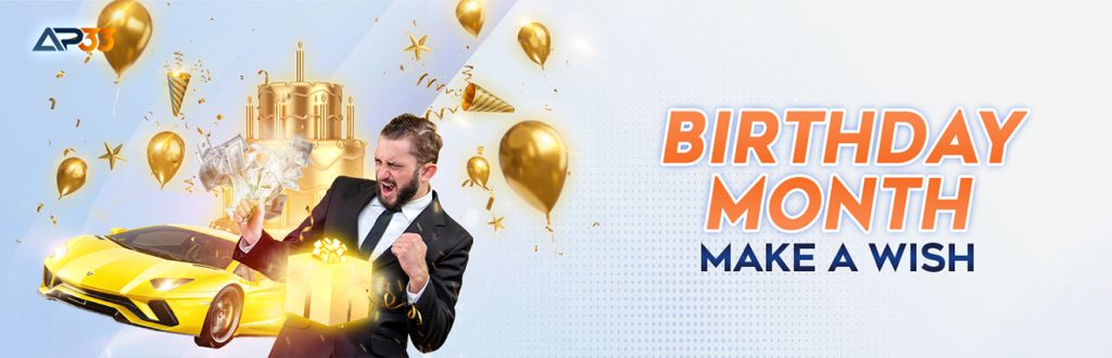 AP33 Birthday Month Promotion with man celebrating, luxury car, gifts, and golden balloons