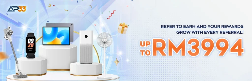 AP33 referral rewards banner featuring gadgets like smartwatches, tablets, fans, and air purifiers with RM3994 bonus offer