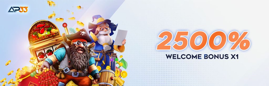 AP33 2500% Welcome Bonus with Pirate and Wizard Characters Next to Slot Machine