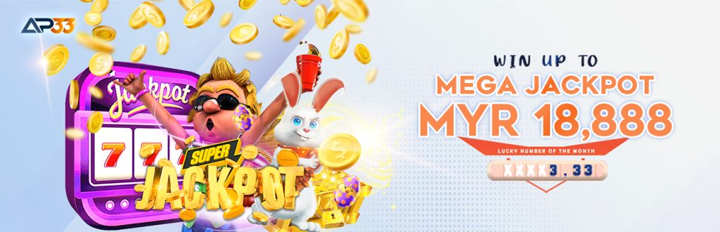 AP33 Super Jackpot Promo Banner Featuring Slot Machine, Cartoon Characters, and MYR 18,888 Prize