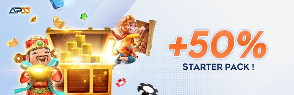 AP33 +50% Starter Pack Bonus Banner Featuring Treasure Chest, Happy Characters, and Gold