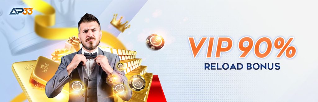 VIP 90% Reload Bonus Banner Featuring Confident Man in Suit with Gold Bars and Poker Chips