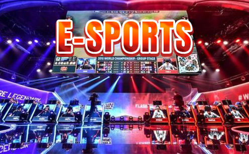 E-sports tournament stage with competitive gaming setups, large digital screens, and the bold text “E-SPORTS” in red.
