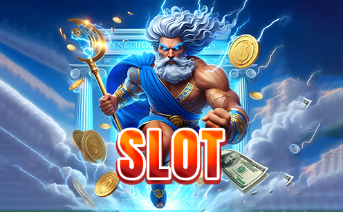Greek god Zeus-themed slot game banner with lightning, gold coins, and dollar bills.