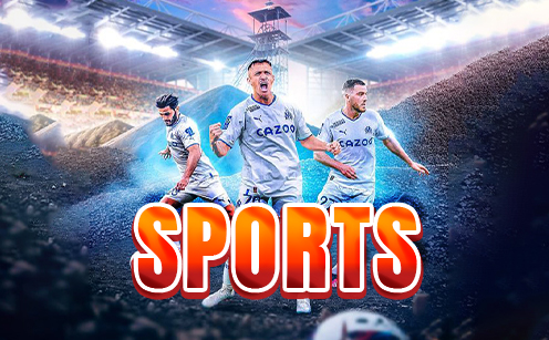 Sports betting banner featuring three soccer players in white jerseys on a brightly lit stadium field with the word “SPORTS” in bold red letters.