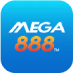 MEGA888 logo with white and orange text on a blue gradient background.