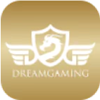 Dream Gaming logo featuring a dragon emblem with wings in white on a golden background.