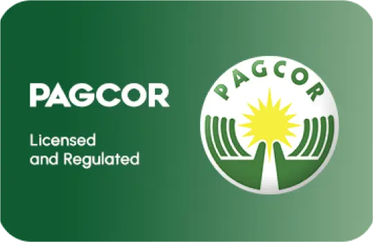 PAGCOR logo with the text "Licensed and Regulated" on a green background.