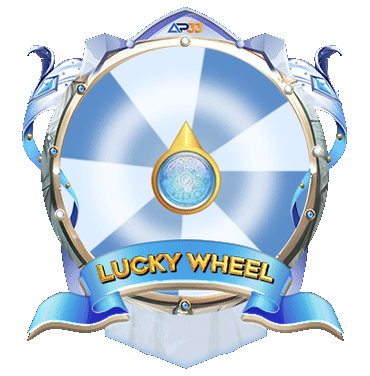 AP33 Lucky Wheel icon with blue and white segments surrounded by ornate frame.
