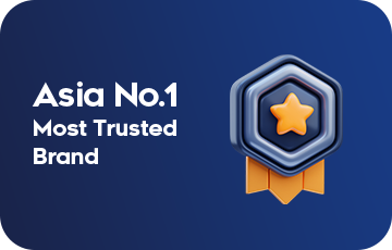 Asia No.1 Most Trusted Brand badge with a golden star emblem on a dark blue background.