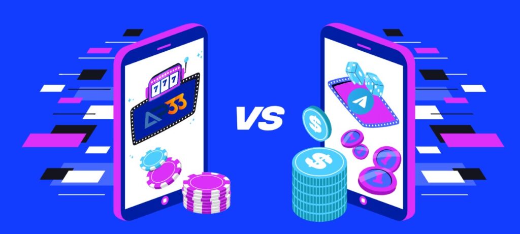Illustration of two smartphones facing off, one displaying AP33 with casino chips and slot machine graphics, the other showing Telegram with coins and dice, symbolizing a comparison between AP33 casino app and Telegram gaming.