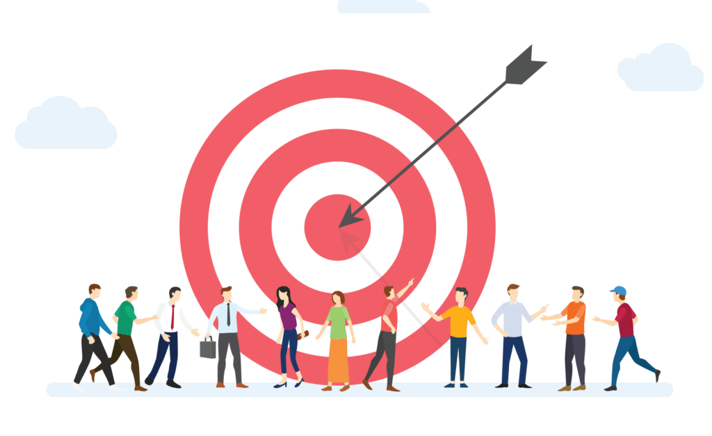 Illustration of diverse people standing in front of a large target with an arrow hitting the bullseye, symbolizing teamwork, goals, and success.
